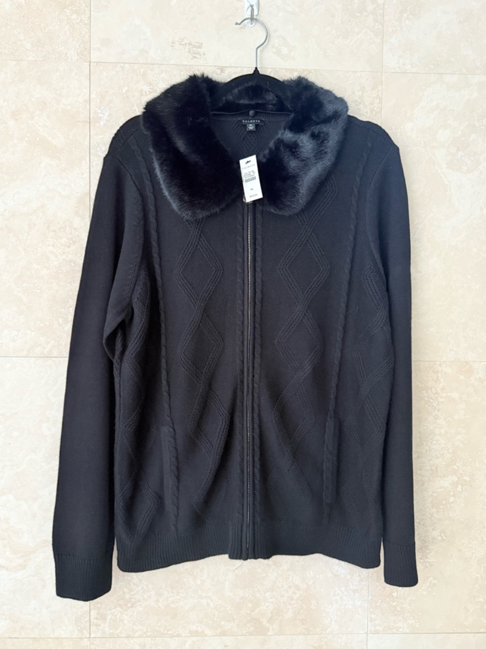 Talbots NWT Black Cable Knit Faux Fur Collar Zip Cardigan Sweater XL